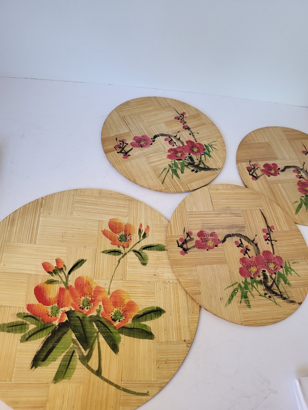 1970s Chinese Hand-Painted 4pc Bamboo Floral Trivets